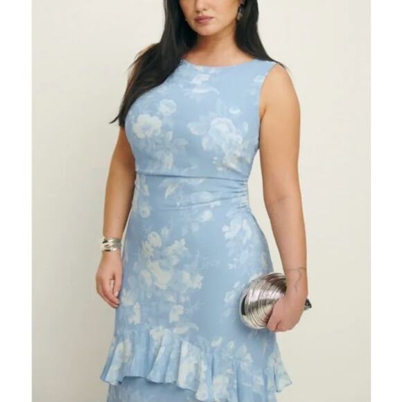 Reformation Blue White Magnus Floral Ruffle Sleeveless A-Line Blue 4 - Picture 2 of 6